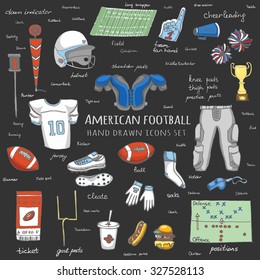 Hand drawn doodle american football set Vector illustration Sketchy sport related icons football elements, ball helmet jersey pants knee thigh shoulder pads cleats field cheer leading down indicator