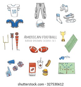 Hand drawn doodle american football set Vector illustration Sketchy sport related icons football elements, ball helmet jersey pants knee thigh shoulder pads cleats field cheerleading down indicator