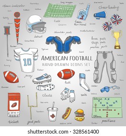 Hand Drawn Doodle American Football Set Vector Illustration Sketchy Sport Related Icons Football Elements, Ball Helmet Pants Knee Thigh Shoulder Pads Cleats Field Cheer Leading Down Indicator