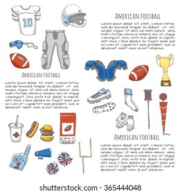 Hand drawn doodle american football set Vector illustration Sketchy sport related icons football elements, ball helmet jersey pants knee thigh shoulder pads cleats field cheer leading down indicator