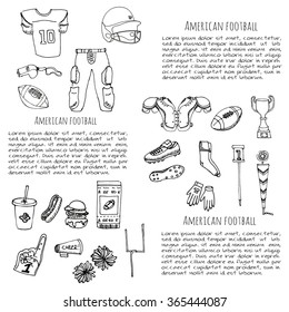 Hand Drawn Doodle American Football Set Vector Illustration Sketchy Sport Related Icons Football Elements, Ball Helmet Jersey Pants Knee Thigh Shoulder Pads Cleats Field Cheer Leading Down Indicator