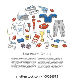 Hand drawn doodle american football set Vector illustration Sketchy sport related icons football elements, ball helmet jersey pants knee thigh shoulder pads cleats field cheerleading down indicator