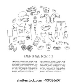 Hand drawn doodle american football set Vector illustration Sketchy sport related icons football elements, ball helmet jersey pants knee thigh shoulder pads cleats field cheerleading down indicator