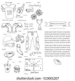 Hand drawn doodle american football set Vector illustration Sketchy sport related icons football elements, ball helmet jersey pants knee thigh shoulder pads cleats field cheerleading down indicator