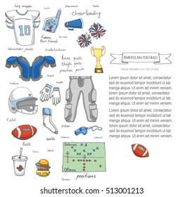 Hand drawn doodle american football set Vector illustration Sketchy sport related icons football elements, ball helmet jersey pants knee thigh shoulder pads cleats field cheerleading down indicator
