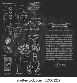 Hand drawn doodle american football set Vector illustration Sketchy sport related icons football elements, ball helmet jersey pants knee thigh shoulder pads cleats field cheerleading down indicator