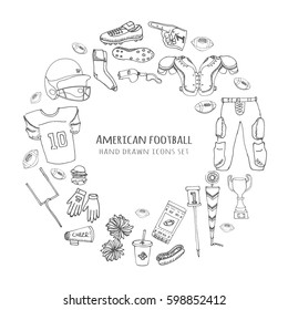 Hand drawn doodle american football set Vector illustration Sketchy sport related icons football elements, ball helmet jersey pants knee thigh shoulder pads cleats field cheerleading down indicator