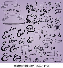 Hand Drawn Doodle Ampersands, Curves, Book Corners, Dividers Design Elements