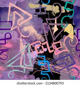 Hand drawn doodle ancient greek symbols seamless pattern. Graffiti rough colorful background. Repeat vector dirty backdrop. Grunge symbols, signs, splashes, brush strokes, doodle lines, greek meanders