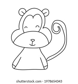 Hand Drawn Doodle Animal, Cute Funny Happy Monkey Line Drawing Illustration