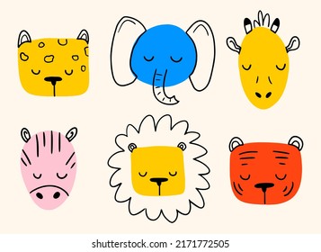 Hand drawn doodle animal heads on white background. Modern colorful animal faces for decoration. Journal doodle. Lion, elephant, tiger, zebra, giraffe, cheetah.