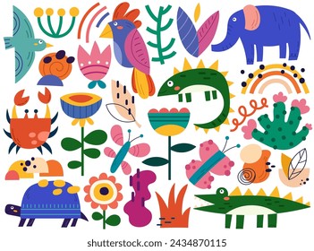 Hand drawn doodle animals and birds with flowers decorative design elements vector illustration isolated set. Cute wild creature, insects and abstract nature plants colorful graphic shapes collection