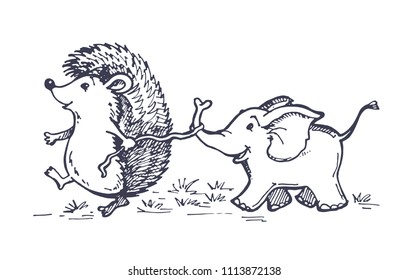 Hand drawn doodle animals - hedgehog walking with elephant