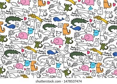 Hand drawn doodle animals seamless pattern. Vector illustration of seamless pattern for party and birthday