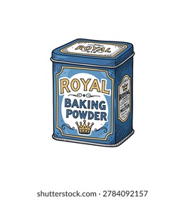 Hand drawn doodle of antique baking powder tin label with blue crown