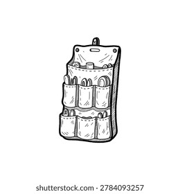 Hand drawn doodle of antique hanging fabric pocket utensil organizer holder
