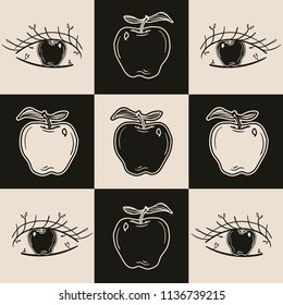 Hand Drawn Doodle apple eye in pop art sticker style with leaf  pattern. Illustrations Drawing Vector Sketch for textile, print, postcard, text, invitation, poster, background, wallpaper