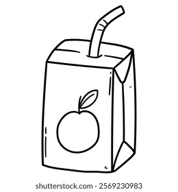 Hand drawn doodle apple juice carton box with straw isolated on white background. Vector illustration.