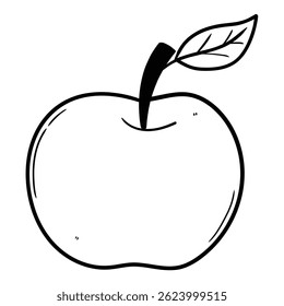 Manzana dibujada a mano con la hoja aislada en el fondo blanco. Ilustración vectorial.