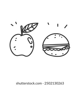 handgezeichneter Doodle-Apfel vs cheeseburger Illustration 