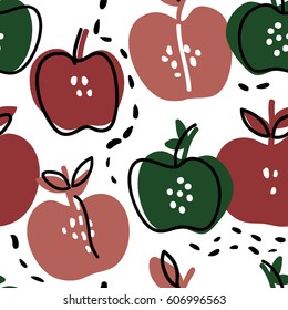 Hand drawn doodle apples seamless pattern. Sketch style, doodle vector illustration with summer fruits. Red and green colors for kitchen textile design, paper, packaging. Vegan, farm, natural food