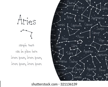 Hand drawn doodle Aries astrological sign card, brochure, booklet, cover. Astrological horoscope background