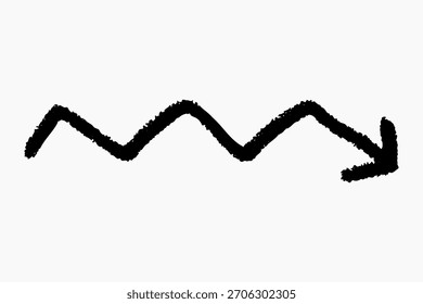 Handgezeichneter Doodle-Pfeil im schwarzen Holzkohlestil, Freihand-Kurvenbewegung in Diagrammen, Vektormarkertextur mit rauen Kanten und Korn.