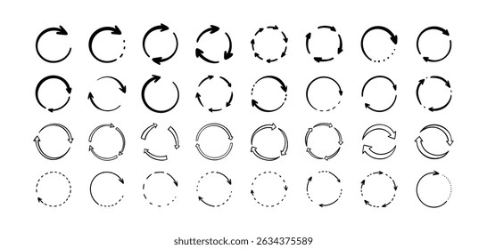 Conjunto de iconos de círculo de flecha de doodle dibujado a mano. Dibujo de símbolo de reciclaje redondo. Proceso, carga, Restablecer, indicador de actualización. Signo de giro circular. Diagrama de niño de escritura a mano. Ilustración vectorial de esbozo de línea