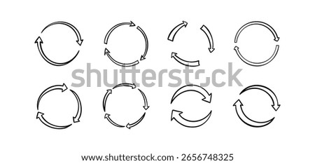 Hand drawn doodle arrow circle icon set. Round recycle symbol drawing. Process, loading, reset, refresh indicator. Circular spinning sign. Handwriting kid diagram. Line sketch vector illustration