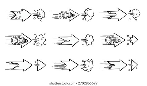 Dibujado a mano doodle flecha colección dinámica hacia adelante signos de dirección símbolos de velocidad conjunto de iconos