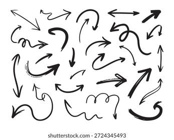 Dibujado a mano doodle flecha colección. Conjunto de símbolos de puntero de garabato moderno. Línea de boceto de signos de flecha. Diversas Formas