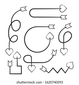 hand drawn and doodle arrow heart head bows set