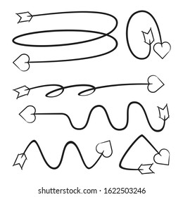 hand drawn and doodle arrow heart head bows set