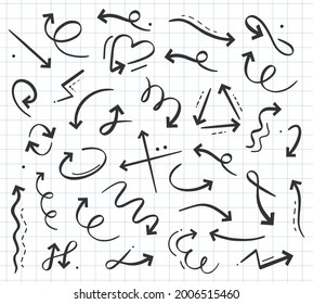 Hand drawn doodle arrow icon in various directions set. Curly cursors, pointers up, down, left, right. Rotating sign. Lines shaping heart, cross, curves, way indicator vector illustration