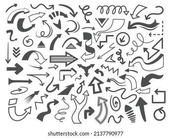 Hand drawn doodle arrow pointer designs. Curved sketch direction sign, abstract arrow icons for business or education. Decorative arrows vector set
