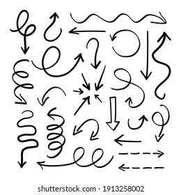 Hand Drawn Doodle Arrow Set. Cartoon Abstract Decorative Arrows, Thin Pen Markers. Vector Illustration