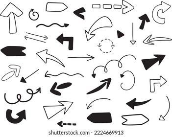 Hand drawn doodle arrow set. Various variants of thin and thick arrows are depicted. Black and white version.