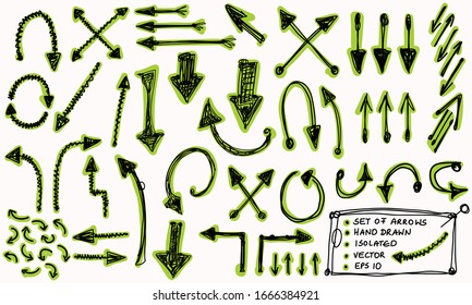Conjunto vectorial de flecha de doodle dibujado a mano.  Colección de punteros de garabatos aislados. Dibujo de línea de color de punta de fieltro simple. Signo de símbolo para la dirección, concepto de movimiento hacia arriba. Símbolos de icono de notas comerciales aislados.