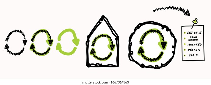 Hand drawn doodle arrow vector set. Isolated scribble pointer collection. Simple felt tip color line art. Symbol sign for direction, u turn, reverse around concept. Business sketch note icon symbols.