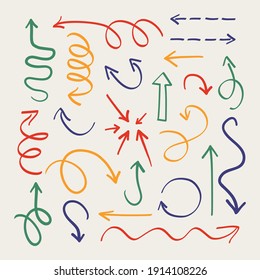 Hand drawn doodle arrows. Cartoon abstract decorative arrow set, thin pen markers. Vector illustration