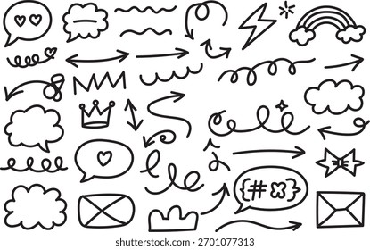 Dibujado a mano Doodle Flechas Nubes Burbujas de discurso y divertido Vector Boceto Símbolo Elementos