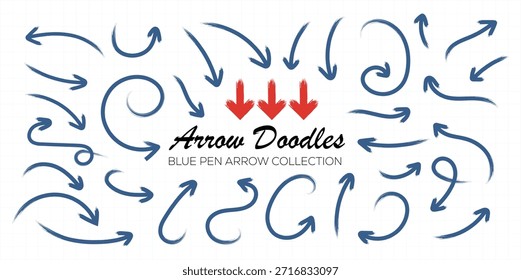 Handgezeichnete Doodle Pfeile Sammlung kariertes Papierblatt. Satz blauer Stiftpfeile. Künstlerische Strichpfeile für Designprojekte.