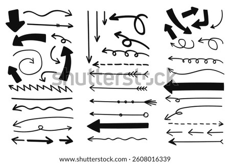 Hand drawn doodle arrows collections.Vector illustration.including curved, straight, and dotted lines, perfect for graphic design, decoration, and enhancing visual layouts.