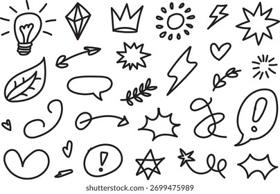 Dibujado a mano Doodle Arrows Coronas Corazones Estrellas Burbujas de Discurso y Diversión Boceto Vector Elementos Ilustración