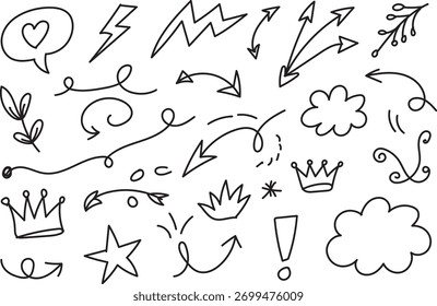 Desenhado à Mão Doodle Setas Coroas Estrelas Nuvens e Divertido Esboço Vetor Elementos de Linha Ilustração