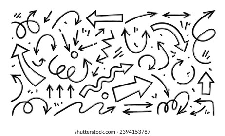 Flechas de doodle dibujadas a mano, punteros de dirección. Resumen de líneas negras, curvas, espiral. Estilo de trazo de pincel. Grunge textura. Ilustración vectorial.