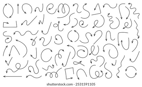 Hand drawn doodle arrows. Freehand different black marker drawing curved lines and swirls. Pen arrows icons set. Vector direction pointers scrawls
