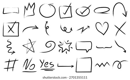 Hand drawn doodle arrows, hearts, stars, check marks, and sketch symbols vector set. Perfect for infographic design, notes, highlights, and creative presentation elements.