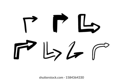 Hand drawn doodle arrows or pointing marks black icons set, sketch vector illustration isolated on white background. Infographic cursor symbols graphic collection.