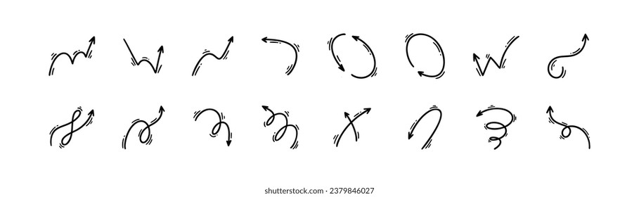 Hand drawn doodle arrows set. Sketch line icons. Direction pointers. Scribble, misdirection, twist, swish, swirl, loop, swoosh design elements